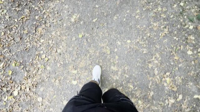 Person walking on autumn leaf path detail