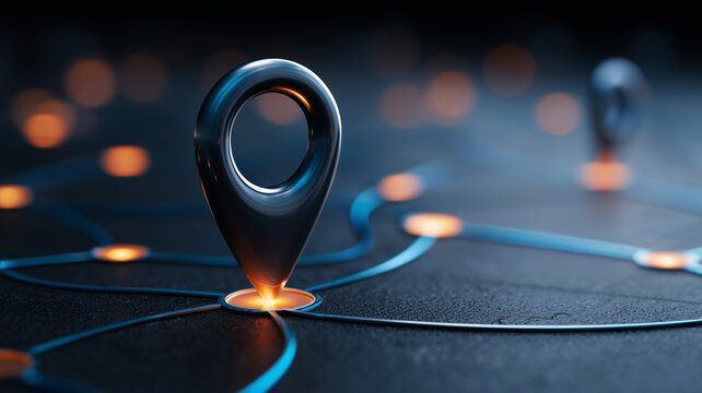 A location pin stands on a connected route map representing geolocation tracking and intelligent navigation.
