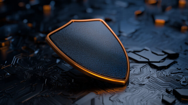 A fingerprint shield rests on a circuit board representing biometric security and protected identity verification.
