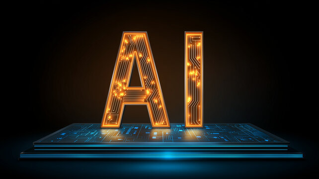 AI letters rise from a circuit platform representing artificial intelligence and intelligent digital innovation.
