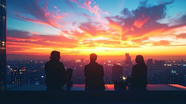 Silhouetted figures admire a vibrant city sunset from a skyscraper's edge