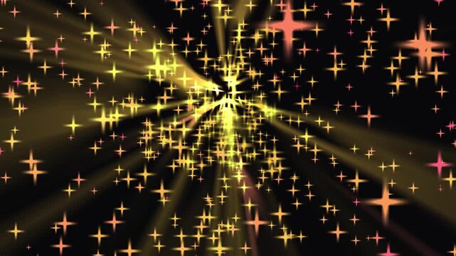 Golden Starbursts Exploding with Light Rays and Particles During Celebration Against Dark Background