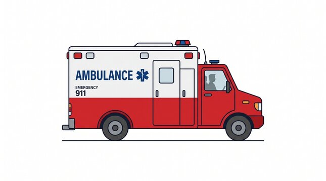 A flat vector illustration of a red and white emergency ambulance car isolated on a white background. 