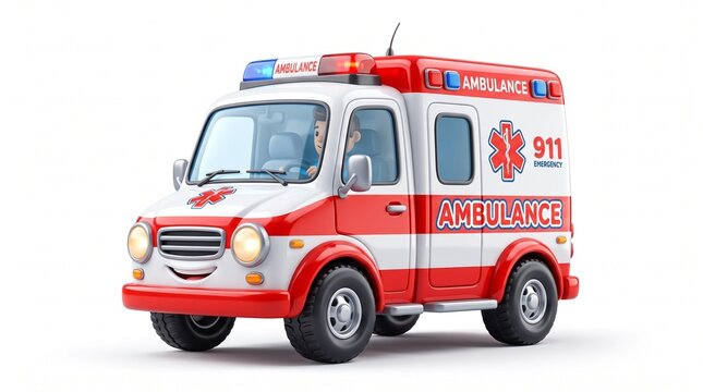 A 3D cartoon-style red and white ambulance with a friendly smiling face on the front bumper, emergency lights on the roof, and a cartoon paramedic driving inside, set against a clean white background.