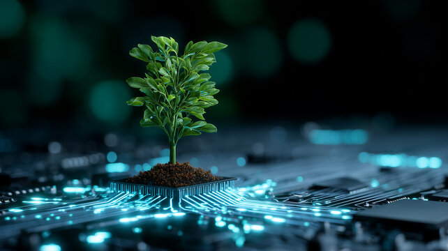 Plant growing from a computer chip represents sustainable technology and environmentally responsible innovation
