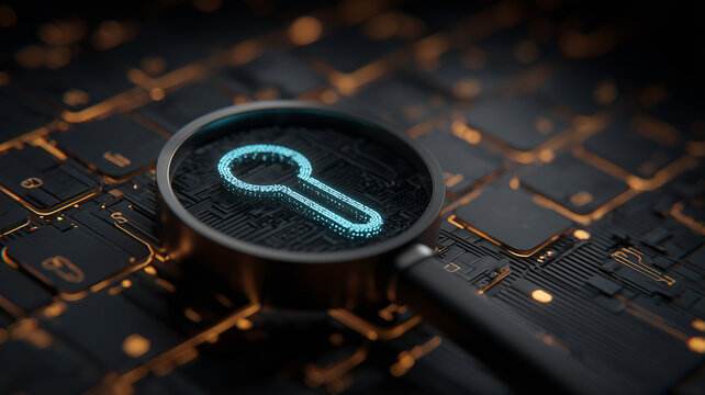 Magnifying glass examining a keyhole on electronic circuits represents digital security auditing and access protection
