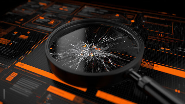 Magnifying glass over a cracked digital interface represents system failure detection and technology risk assessment
