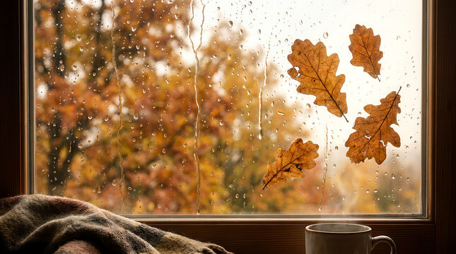 Dry brown oak leaves stuck on a rainy window with a steaming cup of coffee