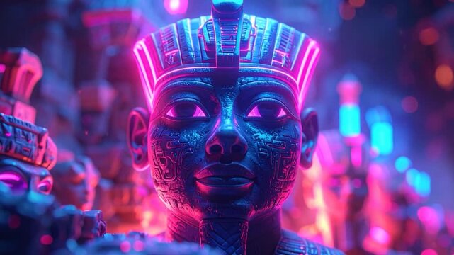Glowing cybernetic pharaoh bust glows with neon, in a complex environment