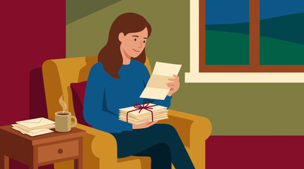 Woman Reading Old Love Letters Alone Vector Illustration