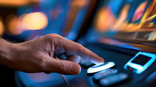 Hand presses glowing button on gaming machine close up. Neon reflections blur across control panel and screen during play