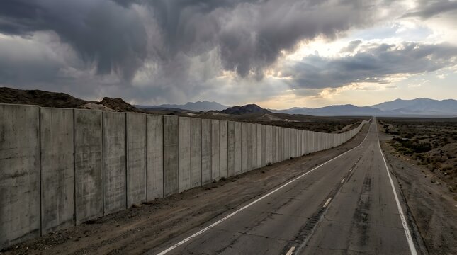 Long asphalt road running alongside a high concrete wall