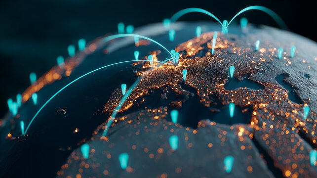 Globe covered with location pins and connecting arcs representing worldwide navigation and global communication networks

