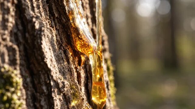 Close-up of amber tree resin sap dripping down rough tree bark trunk in forest, golden sticky liquid oozing from wood with blurred natural background.