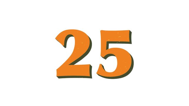 30-second vintage print-inspired countdown on white background with orange numbers, olive green offset shadow, subtle bouncing motion, and flickering grain texture.