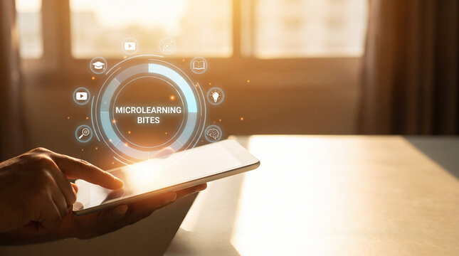 Close up of hand using tablet with holographic overlay presenting microlearning bites icon for digital education and online business training