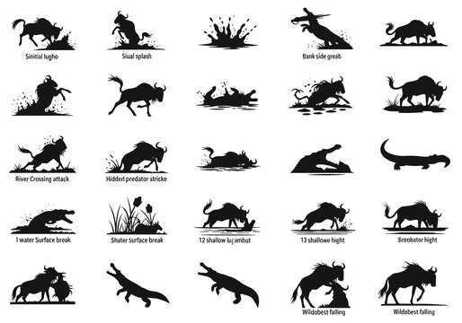Wildebeest river crossing and crocodile attack silhouettes