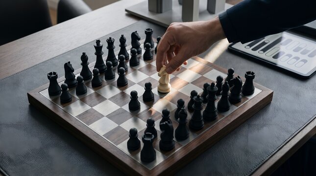 Corporate strategy and competition showing a male executive hand moving a white chess piece on a modern wooden board