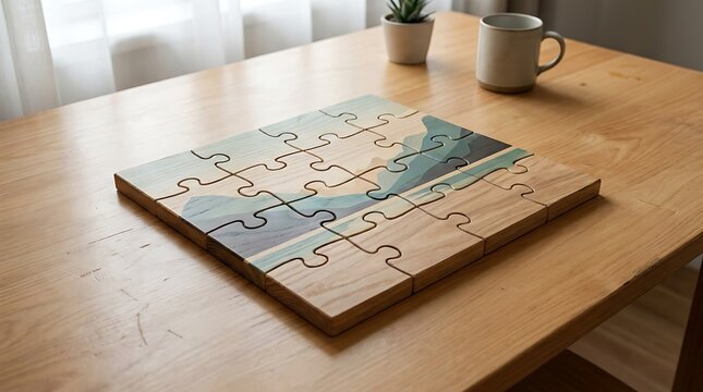 A wooden table featuring a decorative flame-16 piece puzzle showing a minimalist mountain landscape design with a ceramic mug nearby in a bright room