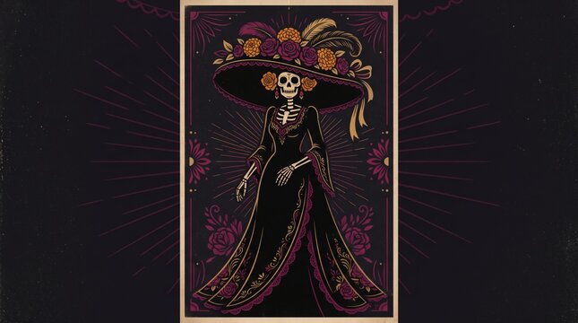 A beautifully illustrated Catrina skeleton in a black dress and a large floral hat, set against a dark background with decorative rays and flowers, embodying the spirit of Dia de los Muertos.