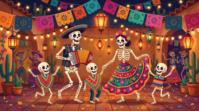 A vibrant illustration depicts a family of skeletons celebrating Dia de los Muertos with music and dancing under festive papel picado banners and string lights.