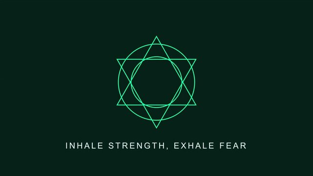 Inhale strength exhale fear motivational quote with geometric star of david symbol for mindfulness and wellness animation 4k