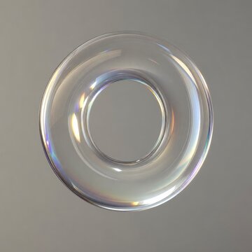 Floating transparent toroidal glass ring with prismatic light refraction against neutral gradient background, modern abstract design, 3D rendering, minimalist aesthetic