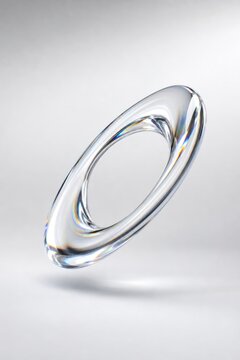 Floating transparent toroidal glass ring with prismatic light refraction against neutral gradient background, modern abstract design, 3D rendering, minimalist aesthetic