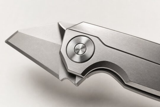 Close-up of modern stainless steel folding pocket knife with textured grip and thumb stud, sleek industrial design, minimalist aesthetic, sharp blade detail, metallic finish, precision engineering