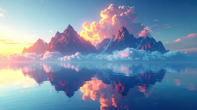 Mountain range reflected in calm water, beneath a sunset sky and clouds