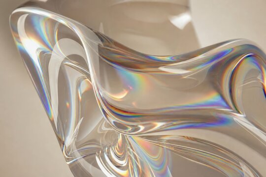 Abstract futuristic glass sculpture with iridescent rainbow reflections and smooth organic curves, modern artistic design on neutral background, 3D rendering of translucent material with prismatic