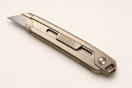 Modern brass-toned utility knife with serrated edge, thumb stud, and finger grooves, isolated on white background, close-up product photography for e-commerce and branding
