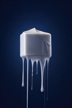 Close-up of melting white substance dripping from a cube-shaped container against dark gradient background, abstract modern art concept for creativity, innovation, and fluidity in design