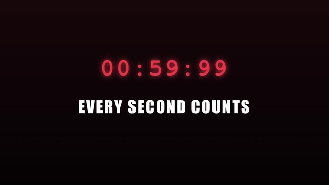 Every second counts red neon countdown timer for high-pressure deadlines and urgent business presentations animation 4k
