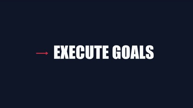 Execute goals text animation: minimalist bold 4k white typography on dark blue background, for business success, and strategic planning concepts