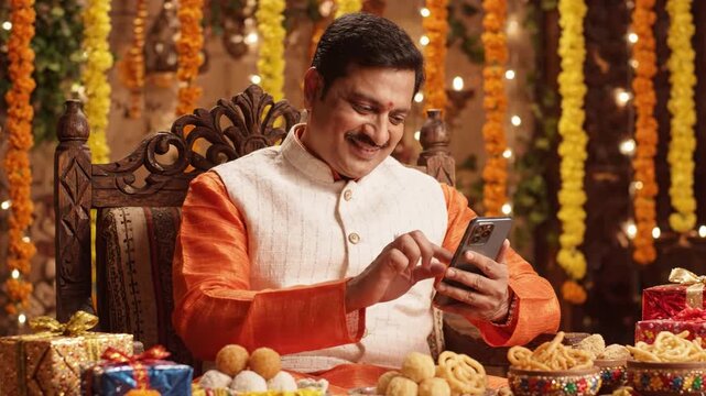 Indian man using smartphone during diwali festival celebration