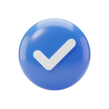 3D blue check mark or verified icon button isolated on transparent background, symbol for success, approval and correct choice