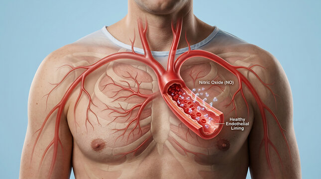 Medical illustration of human circulatory system showing nitric oxide