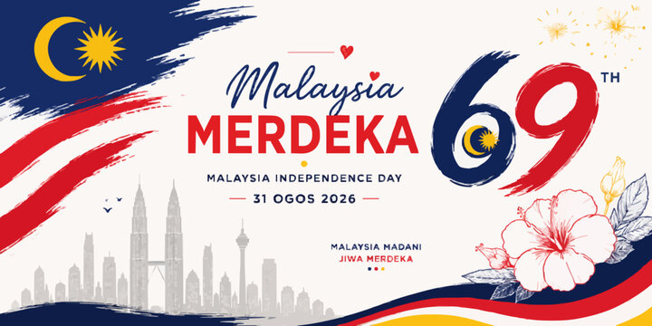 Malaysia Merdeka 2026 design celebrating the 69th National Day with the Malaysian flag, Kuala Lumpur skyline, hibiscus flowers, and dynamic red, white, and blue elements.