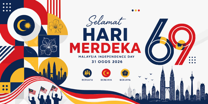 Malaysia Hari Merdeka 2026 design celebrating the 69th National Day with geometric patterns, Malaysian symbols, iconic landmarks, and vibrant red, blue, yellow, and white elements.