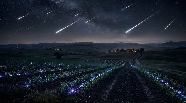 Spectacular night landscape showing a bright meteor shower falling across a starry milky way sky over rolling hills and illuminated green crop rows in a quiet countryside.