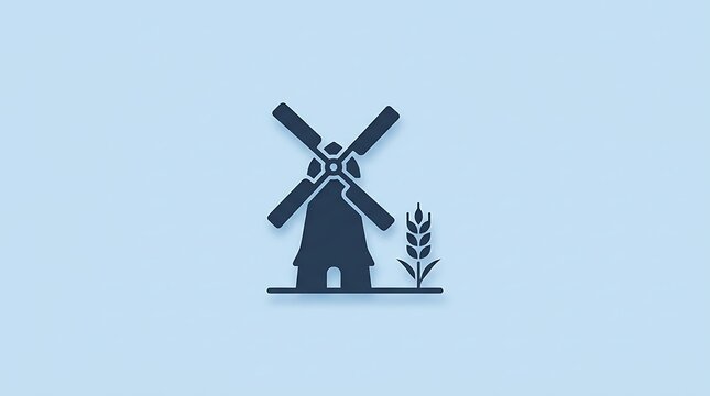 Windmill and wheat icon isolated on blue background. Concept of agriculture, renewable energy, farming, rural heritage, sustainability.