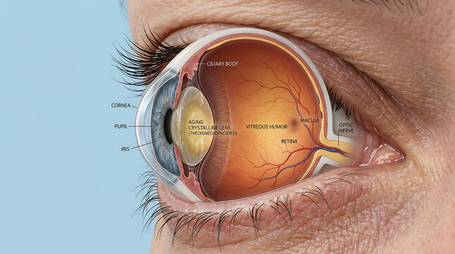 Anatomical cross section of a human eye showing an aging crystalline