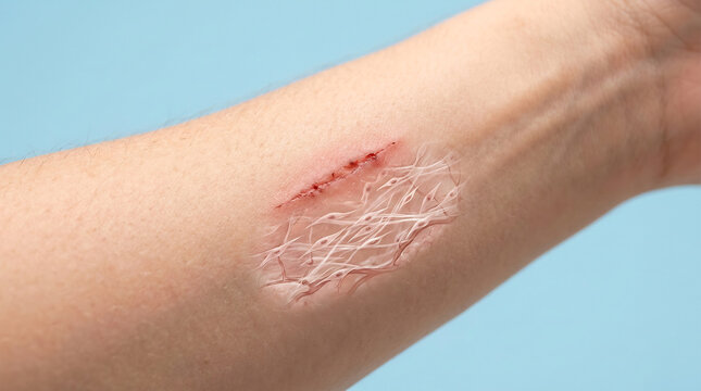 Medical illustration of skin wound healing process with fibroblasts