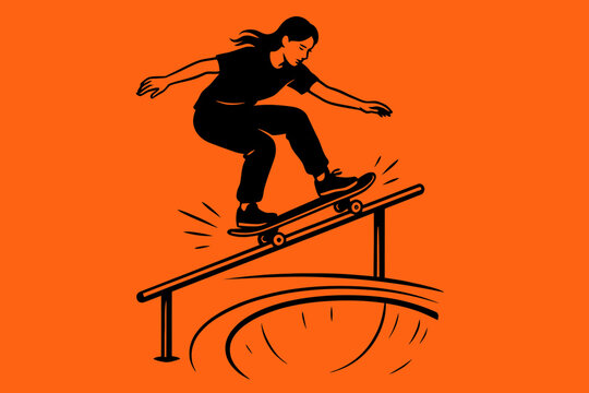 Dynamic Skateboarder performing a Trick on a Rail, Vector Illustration with Orange Background