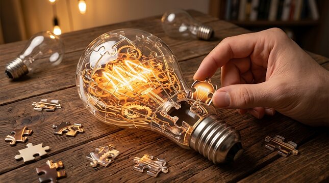 Hand completing a glowing light bulb jigsaw puzzle with gears for innovation on wood table.