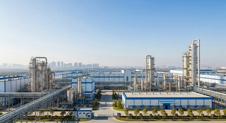Fototapeta premium Expansive Industrial Factory Complex Viewed From Above Showing Manufacturing Facilities and Urban Horizon
