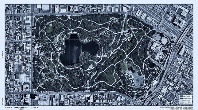 Detailed Monochromatic Satellite View Map of an Urban Public Park featuring a Large Central Lake and Pedestrian Path Networks