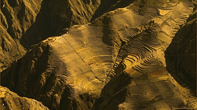 Exploring the rugged, striated terrain of a vast mountain range under a golden, hazy light, revealing geological formations shaped by time and erosion