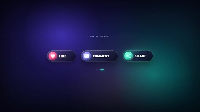 Social media like comment and share buttons glowing in sequence on dark interface